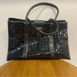 Arcadia Black Patent Leather Tote with Gold Accents